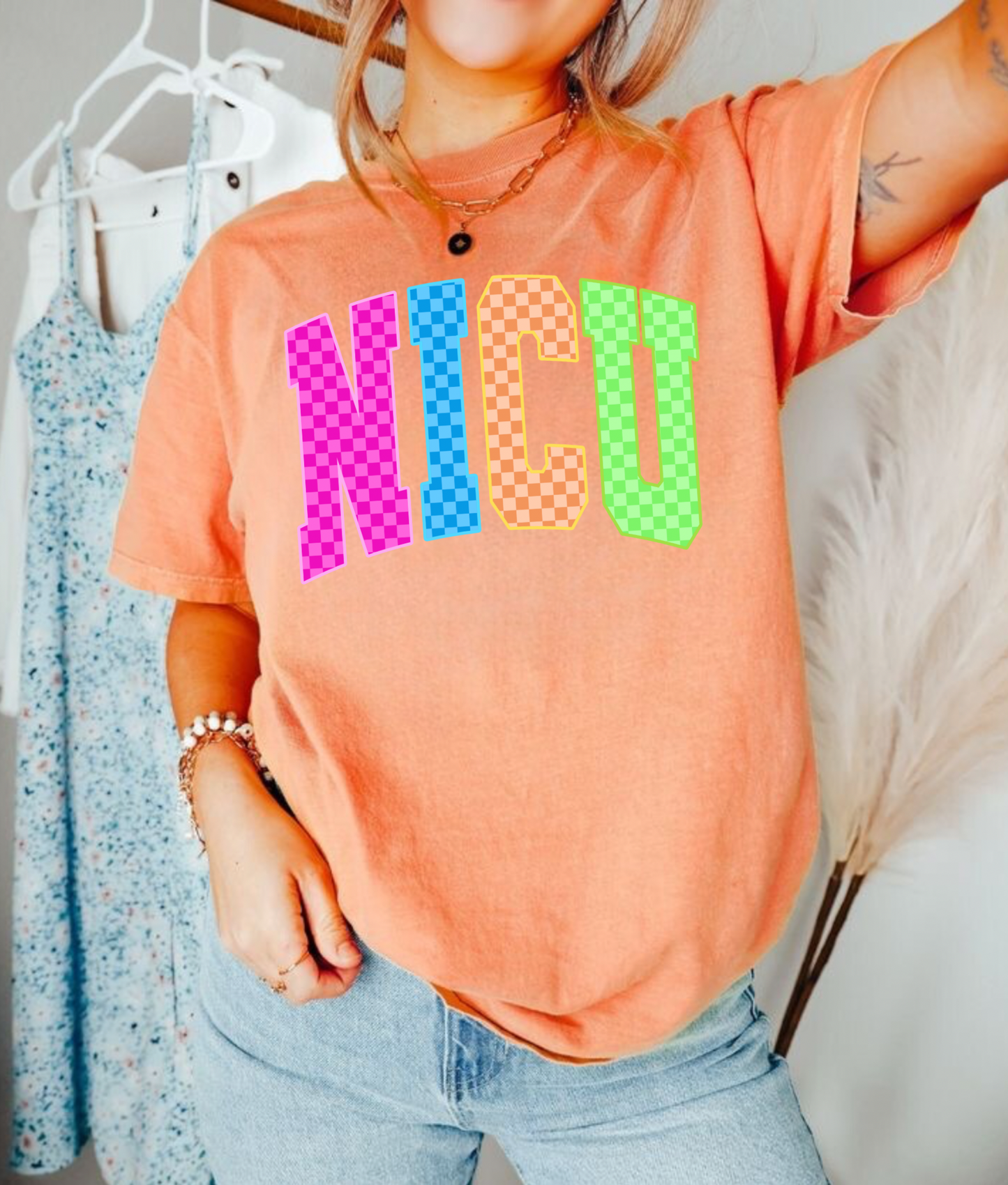 Checkered Neon NICU Nurse