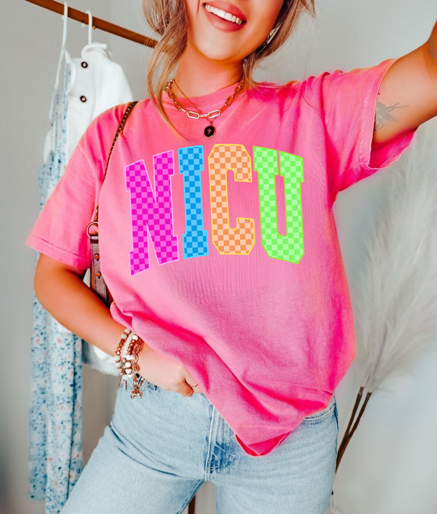 Checkered Neon NICU Nurse
