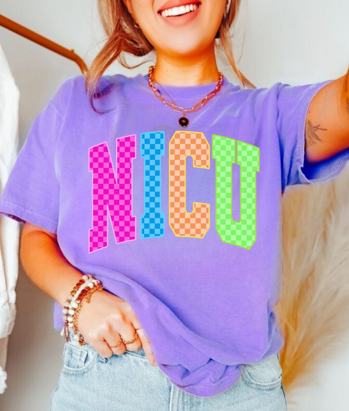 Checkered Neon NICU Nurse